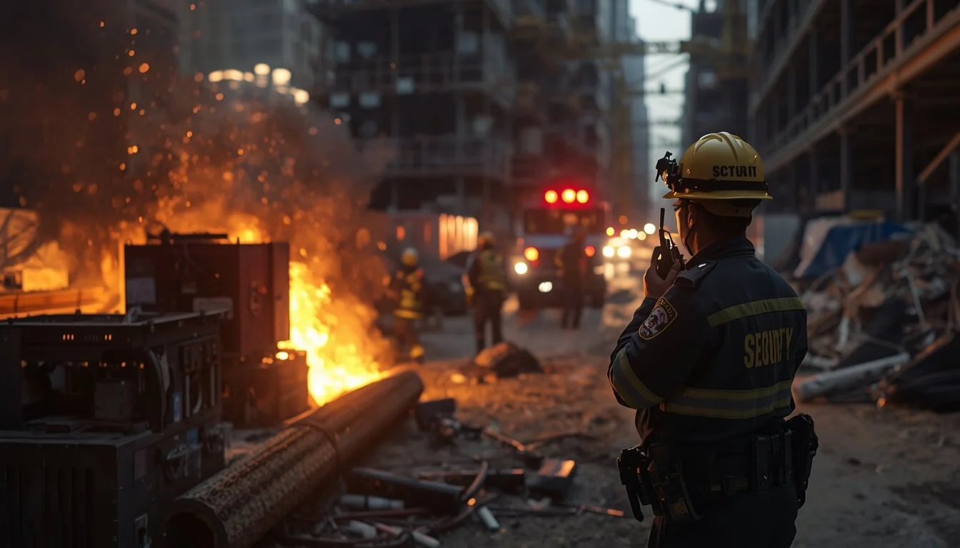 Security guard responding to a small fire emergency at a construction site while coordinating evacuation and safety procedures