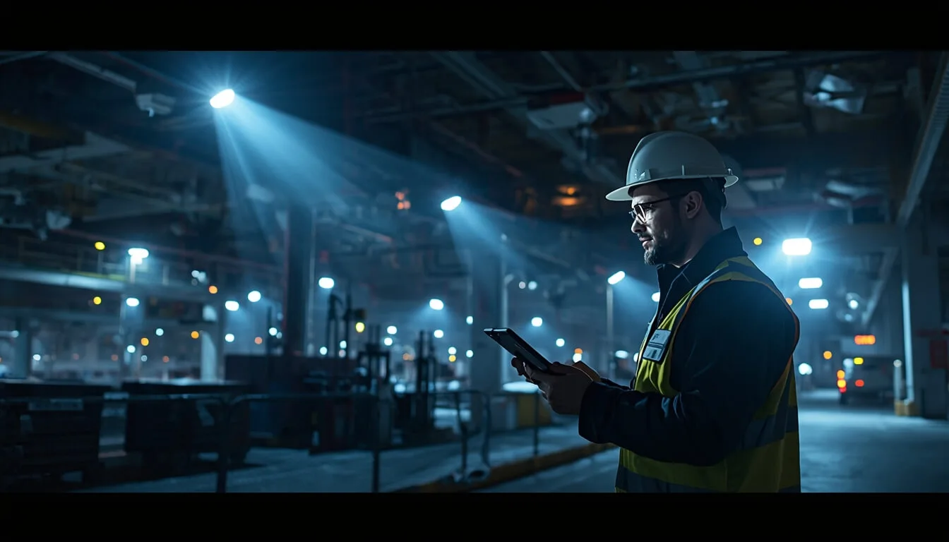 Construction site security system with surveillance cameras and sensors monitored by a professional security guard using a digital device