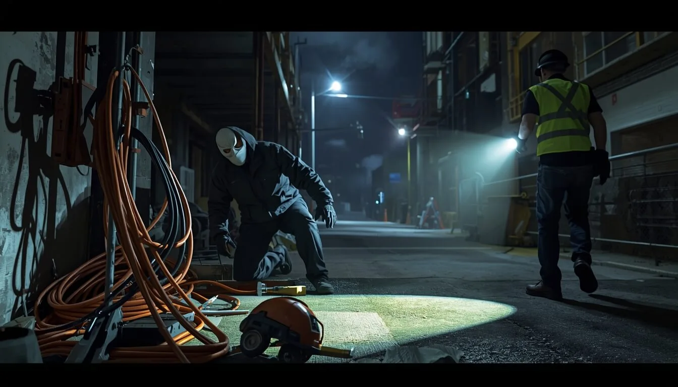 Security guard stopping a theft attempt at a construction site with tools and copper wires during nighttime in Santa Monica