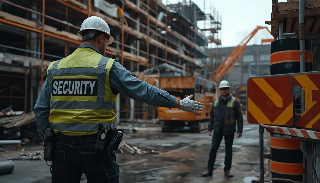 Security guard preventing unauthorized entry into a hazardous construction area with scaffolding and equipment