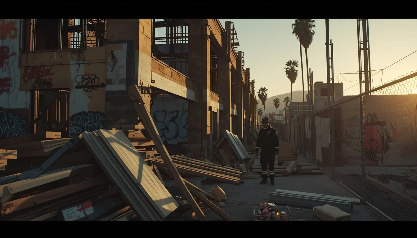 Security guard inspecting vandalism damage at a construction site with broken fencing and graffiti in Santa Monica