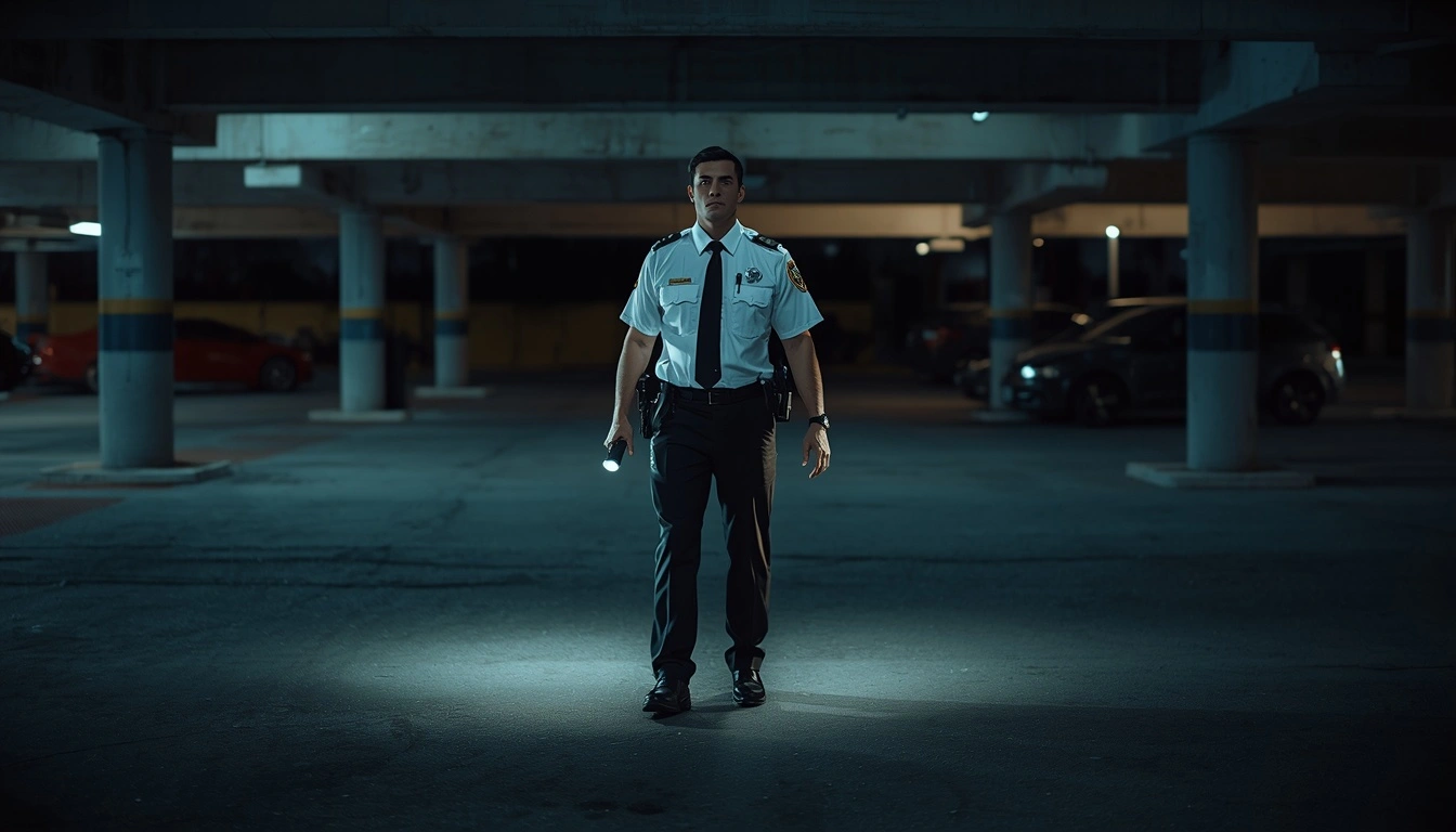 Uniformed parking lot security guard patrolling vehicles and preventing criminal activity
