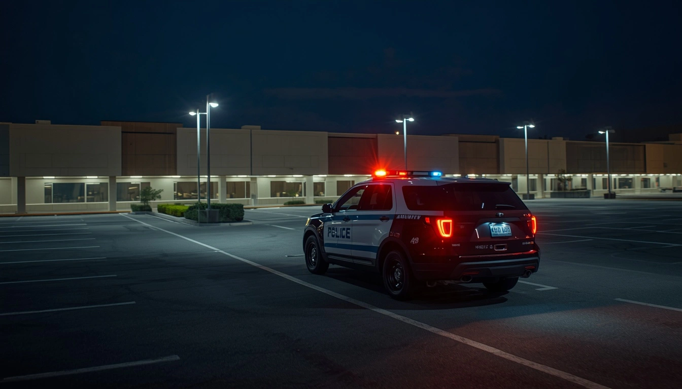 Vehicle patrol security officer monitoring a large commercial parking lot