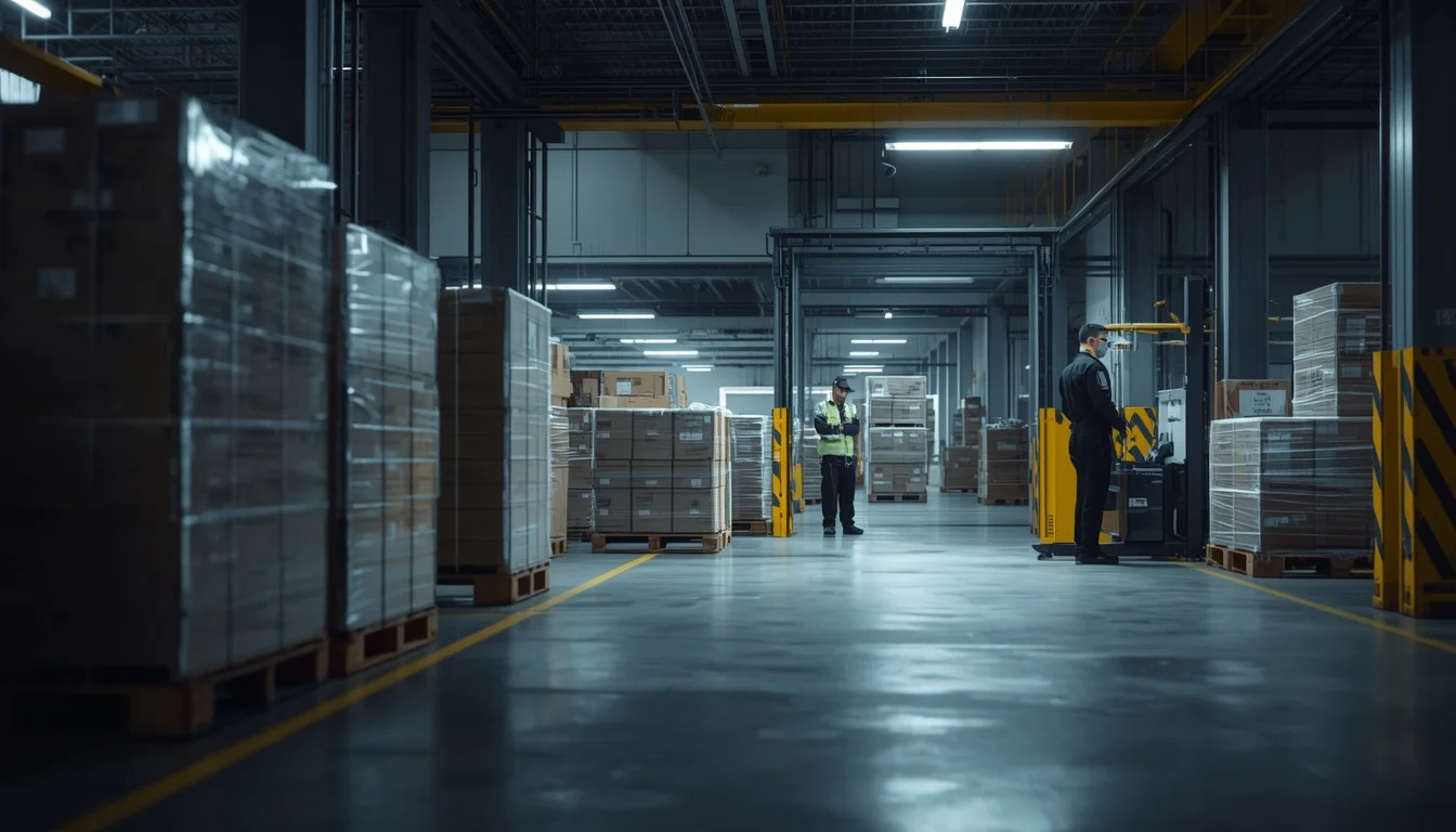 Warehouse security guard inspecting cargo pallets in industrial storage facility
