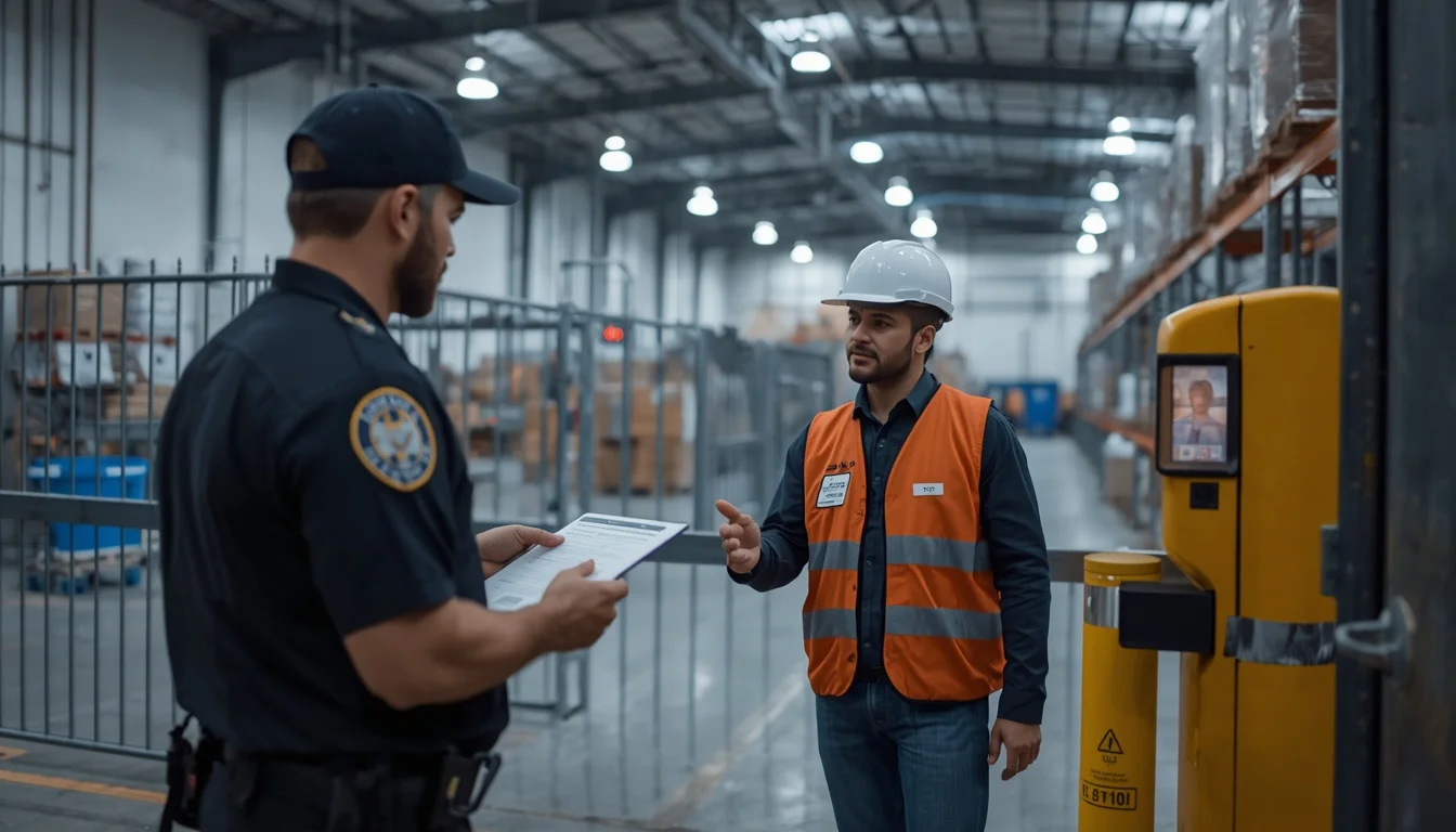 Warehouse security guard inspecting cargo pallets in industrial storage facility