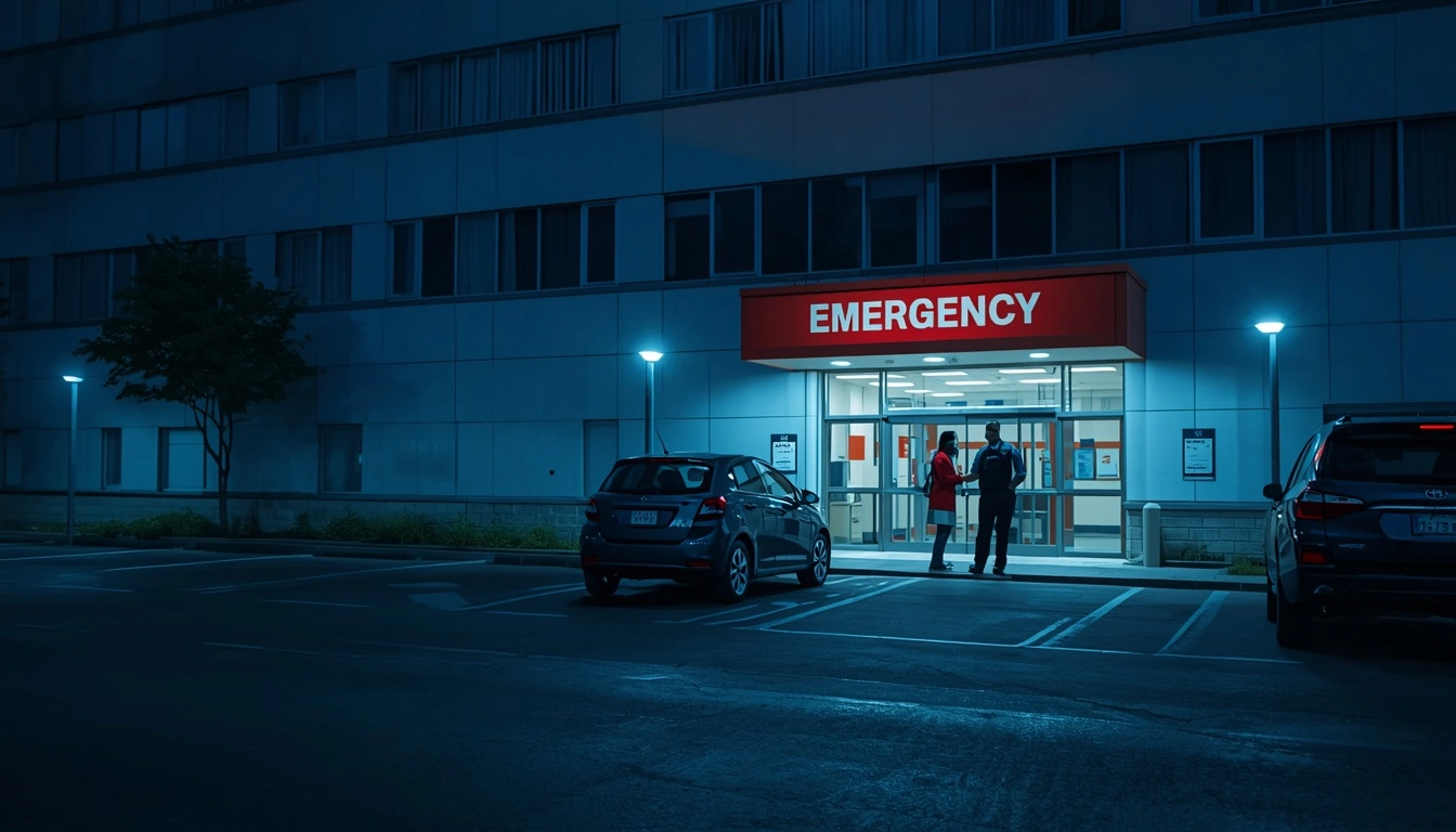 Healthcare facility parking lot security guard assisting visitors and staff