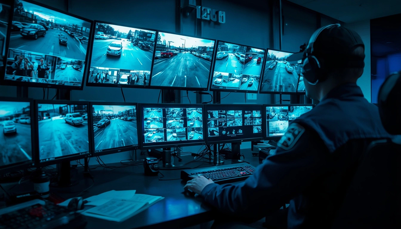 Parking lot security officer monitoring surveillance cameras and security systems
