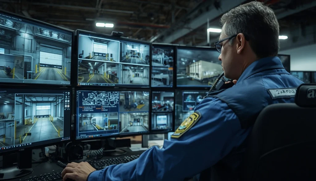 Warehouse security cameras and professional security officer